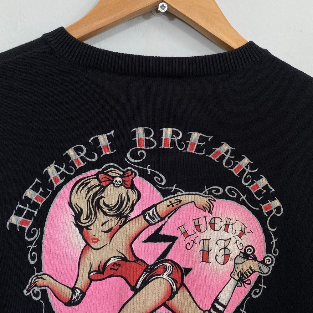 Lucky 13 Cardigan Women Sz Medium Black Burlesque Pin Up Girls Heartbreaker Y2K - Picture 10 of 11